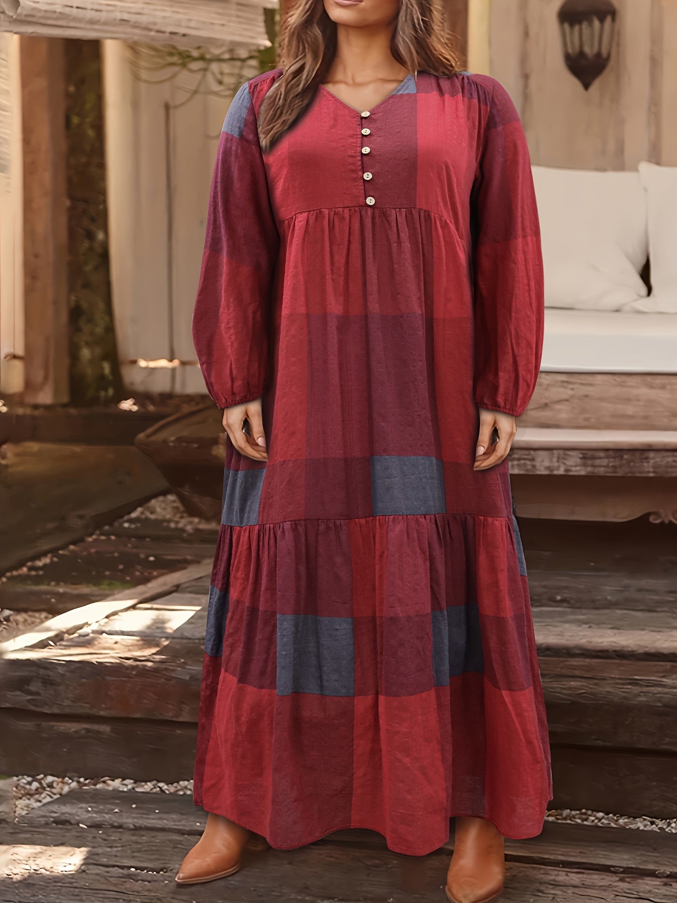  Colorblock Grid Print Maxi Dress With Pockets