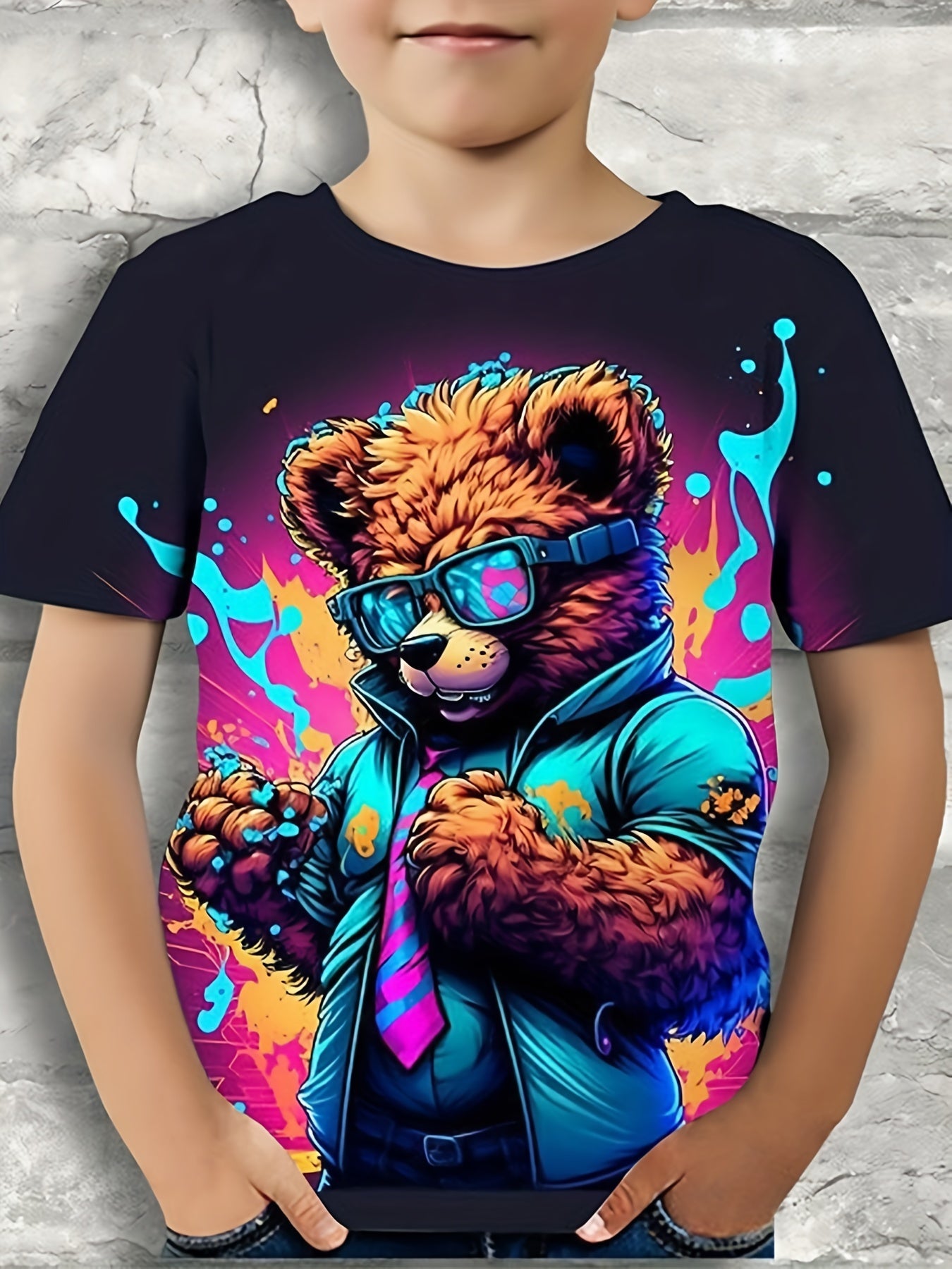 Boys Bear Graphic T-shirt Active Stretchy Short Sleeve Tee for Summer