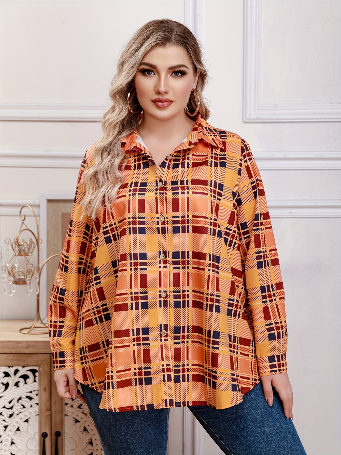  Plaid Print Button Up Long Sleeve Blouse