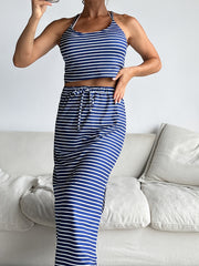Striped Print Lounge Set Crew Neck Cami Top & Split Skirt Women's Loungewear