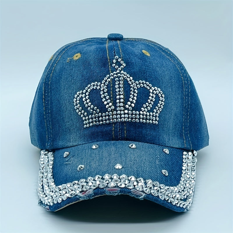 Rhinestone Crown Distressed Baseball Cap Casual Sun Hat