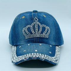Rhinestone Crown Distressed Baseball Cap Casual Sun Hat