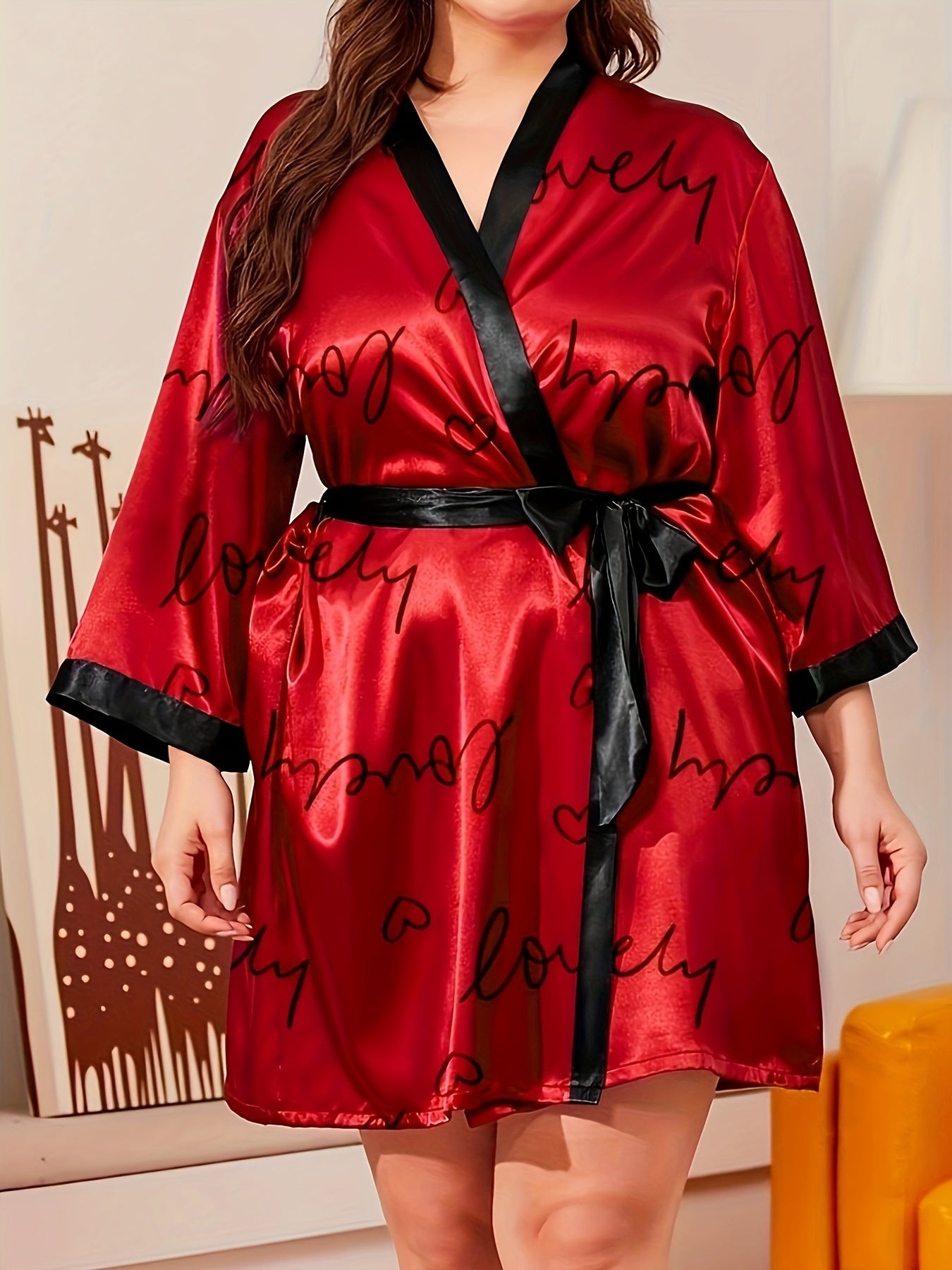  Nightgown Women's Plus Heart & Letter Print Satin Long Sleeve Bathrobe