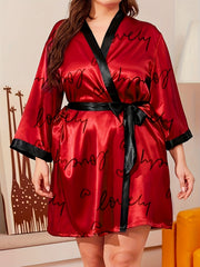  Nightgown Women's Plus Heart & Letter Print Satin Long Sleeve Bathrobe