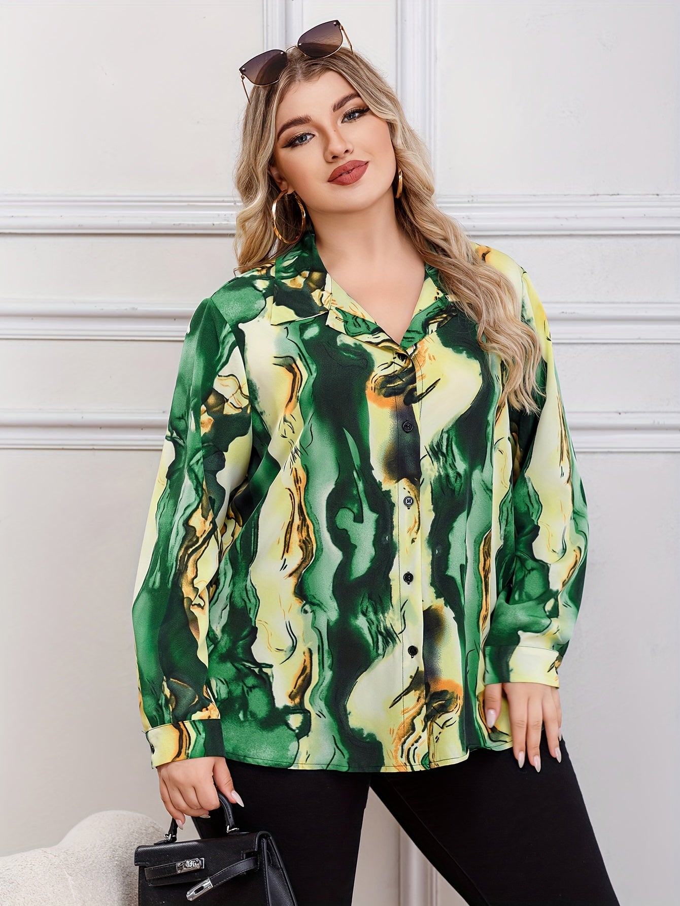 Women's Plus Marble Print Button Up Shirt Top
