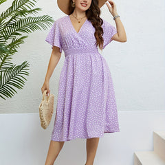  Dot Print Surplice Neck Ruffle Sleeve Nipped Waist Pleated Dress