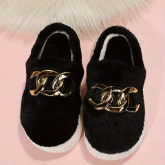 Women's Fluffy Platform Slippers with Chain Detail