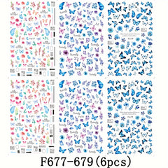 6pcs Butterfly Nail Art Stickers Floral Designs Self-Adhesive Nail Decorations