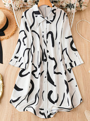  Graffiti Print Roll Up Sleeve Shirt Dress