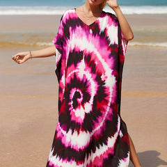  Boho Cover Up Dress Women's Tie Dye Bat Sleeve V Neck Stretch
