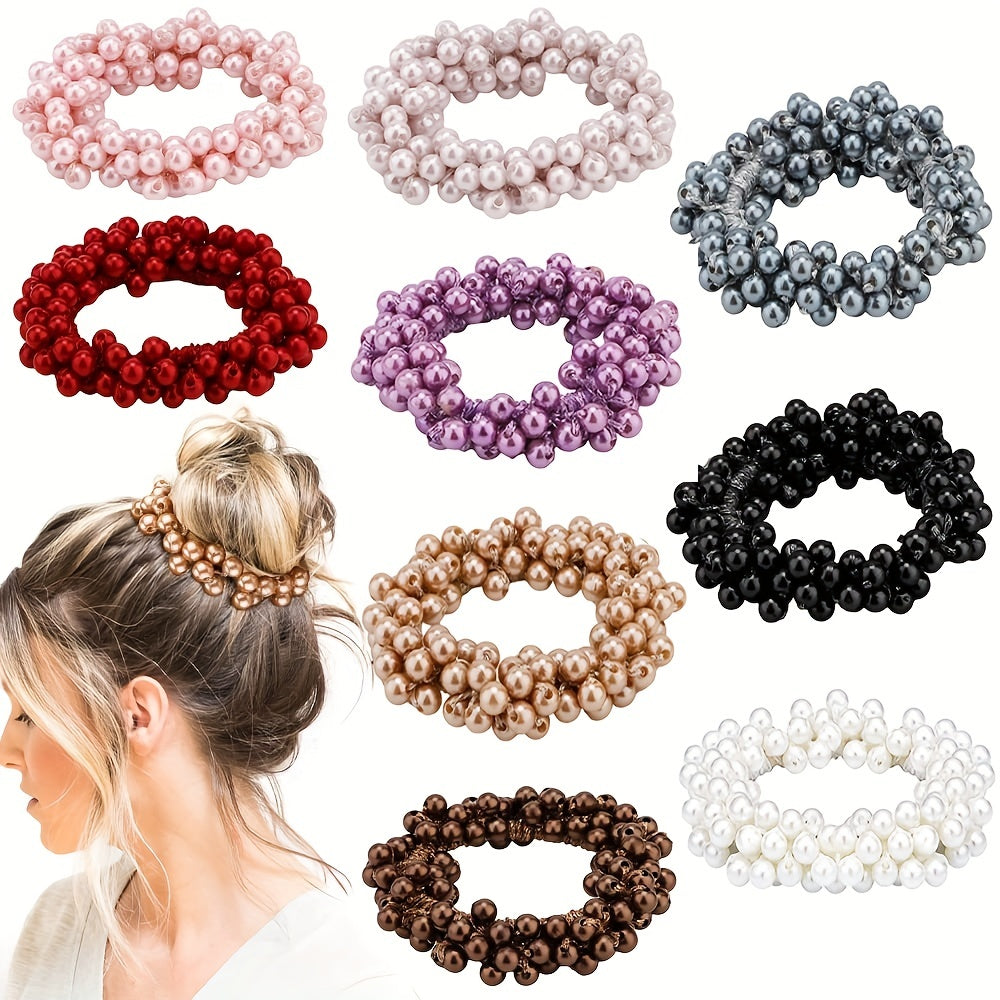 9pcs Pearl Hair Tie Resin Ball Decor Hair Ring Elastic Ponytail Holder