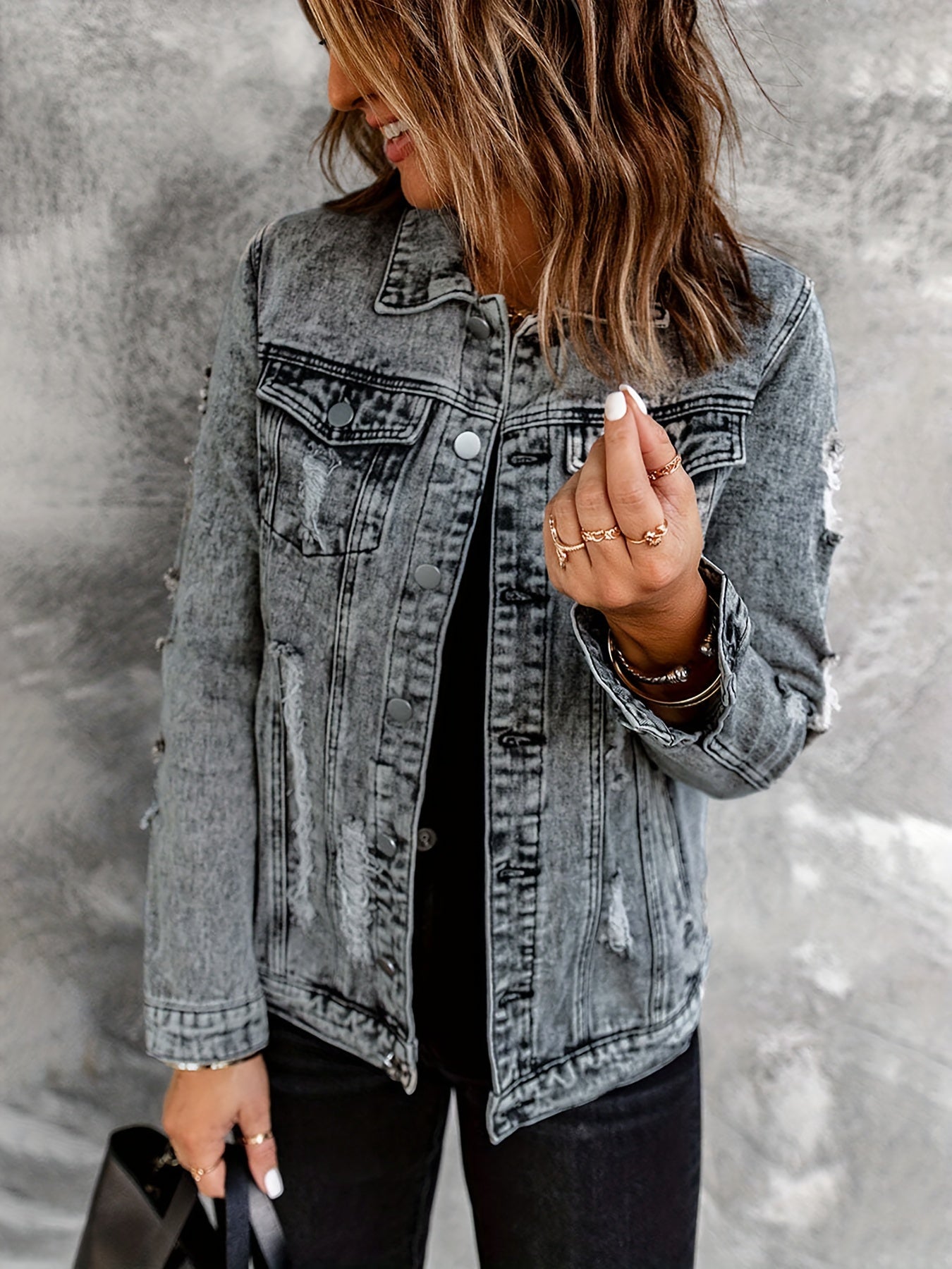 Casual Denim Jacket Women's Washed Ripped Collar Denim Jacket