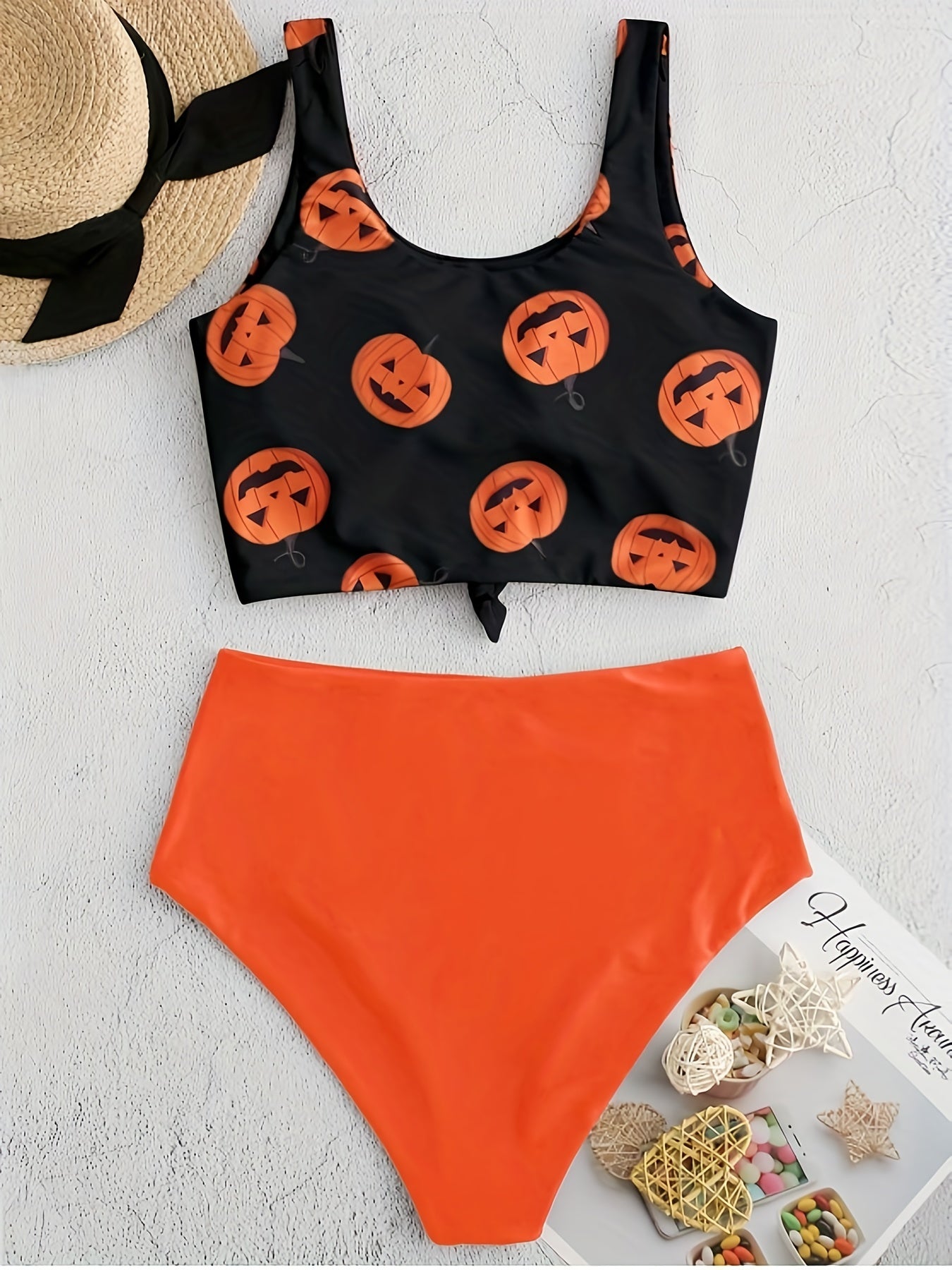  Retro Pumpkin Print Tankini Set