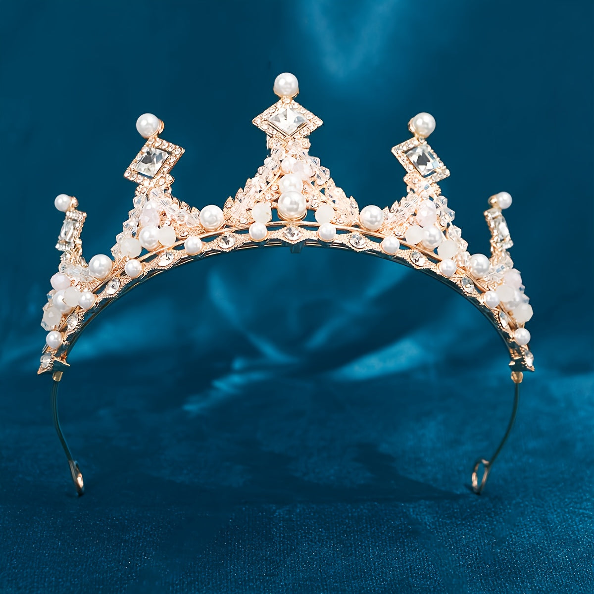 Golden Crystal Tiara Princess Faux Pearl Crown Headband For Bridal Wedding