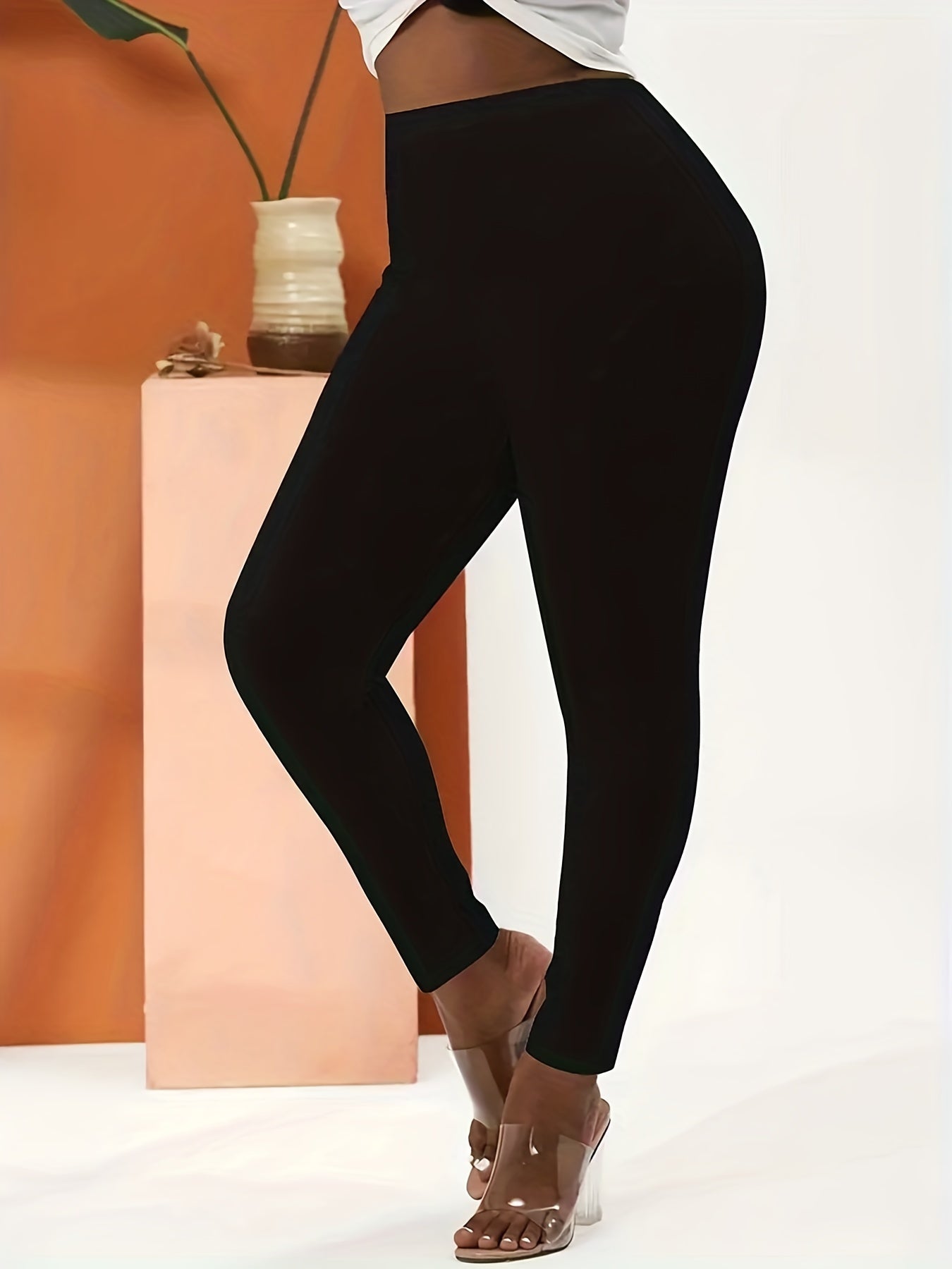  Solid High Rise Elastic Skinny Pants Women's Plus
