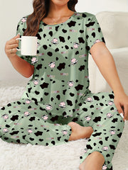  Cow & Letter Print Pajama Set Short Sleeve Tee & Pants Two Piece
