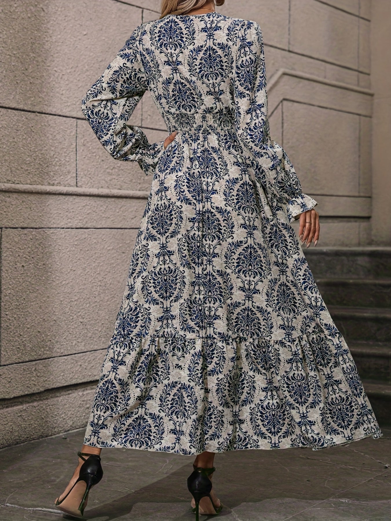  Damask Print Maxi Dress V Neck Flounce Sleeve Waist Nipped