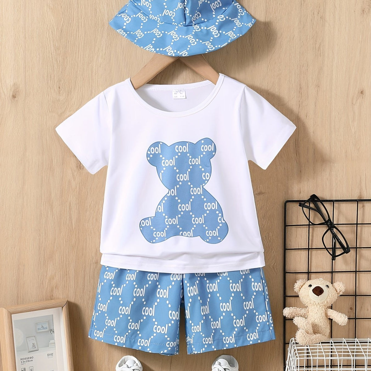 Boys Bear Print T-shirt & Shorts & Hat Set Casual Summer Outfit