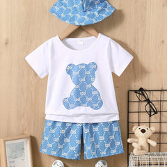 Boys Bear Print T-shirt & Shorts & Hat Set Casual Summer Outfit
