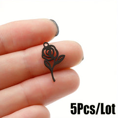 5PCS Stainless Steel Hollow Rose Flower Charms Pendants