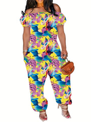  Casual Jumpsuit Women's Plus Tie dye Off Shoulder Bubble Sleeve