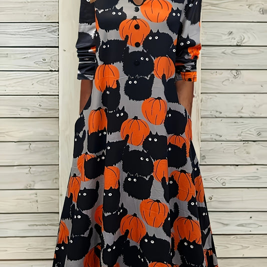  Halloween Dress Women's Plus Allover Cat & Pumpkin Print Maxi Dress