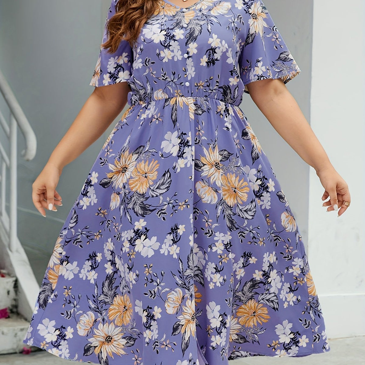 Women's Plus Floral Print Ruffle Sleeve V Neck Button Decor Split Dress