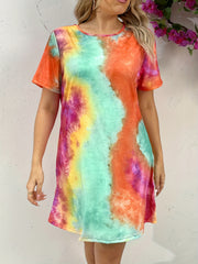  Casual Tee Dress Women's Plus Tie Dye Short Sleeve Round Neck Dress