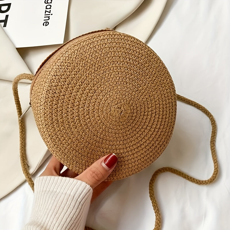 Straw Round Beach Crossbody Bag Solid Casual Summer Woven Handbag
