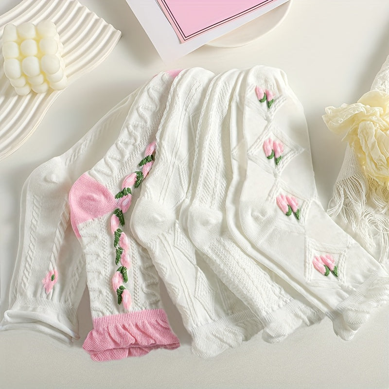 5 Pairs Floral Print Ruffle Socks Women's Mid Tube Stockings