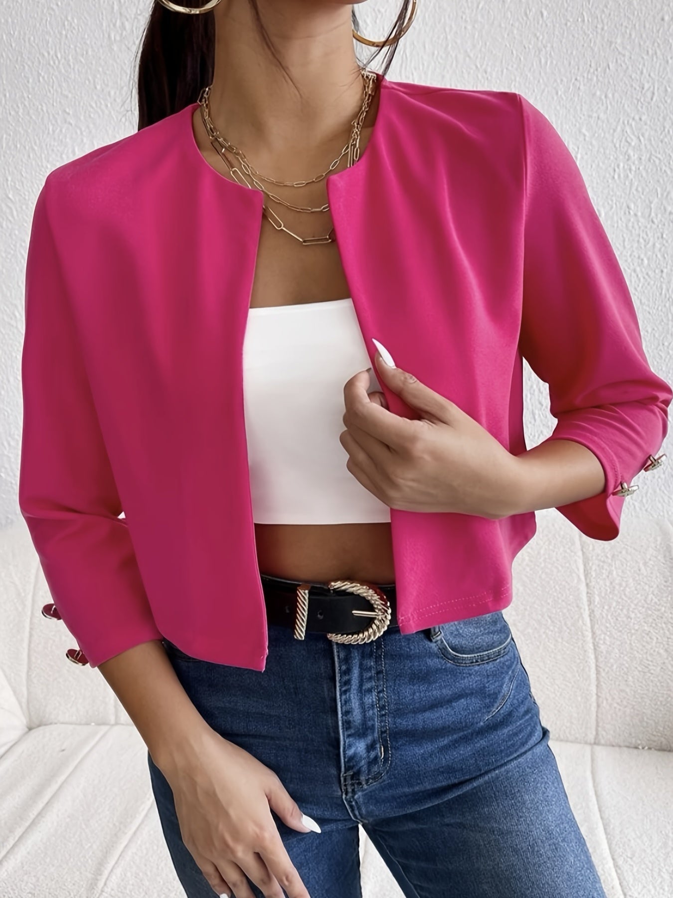 Open Front Crop Jacket Button Decor 3 4 Sleeve
