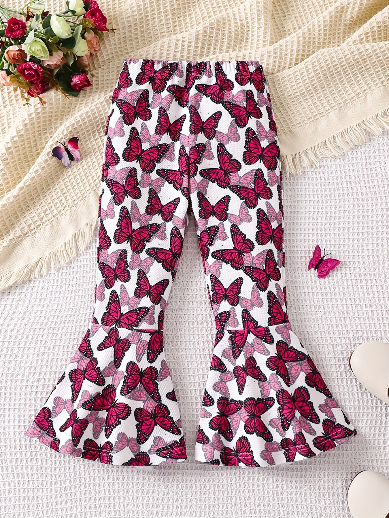 Boho Floral Print Bell Bottom Pants Elastic Waist Stretchy Fit Casual Trousers