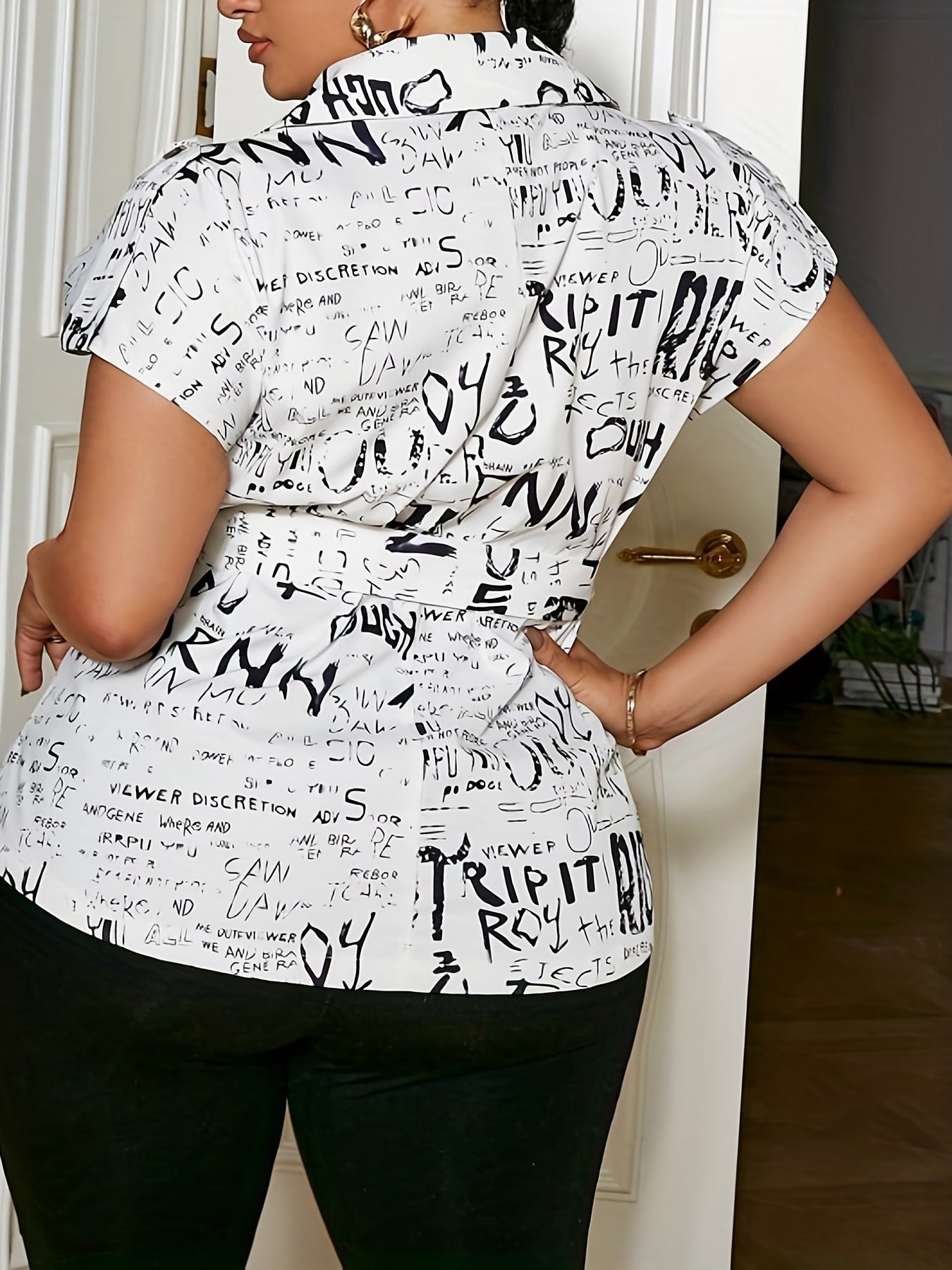  Letter Print Cap Sleeve Blouse With Belt