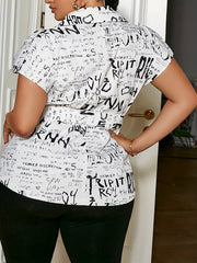  Letter Print Cap Sleeve Blouse With Belt