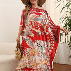  Feather Print Maxi Cover Up Dress