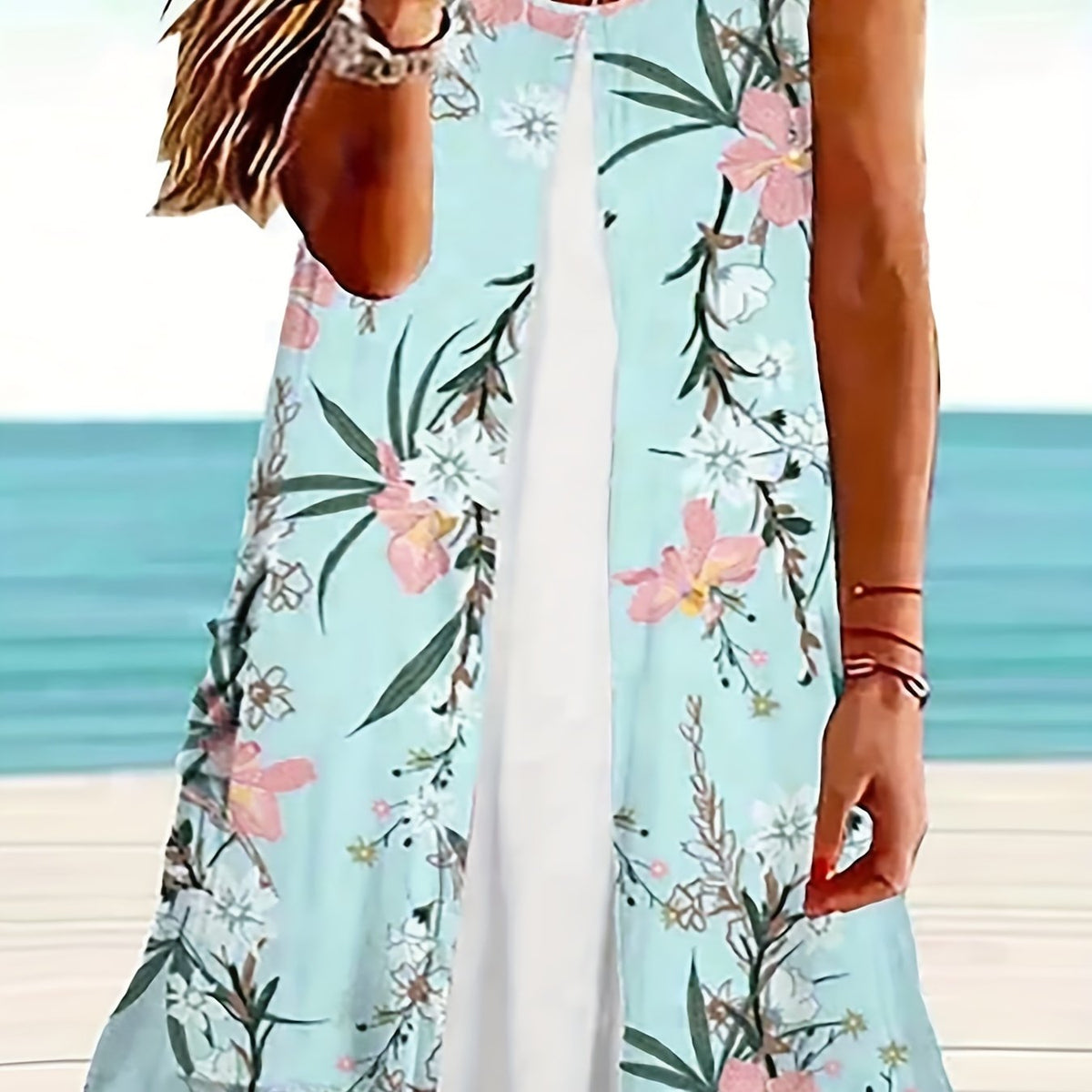 Floral Tank Dress Round Neck Sleeveless Casual