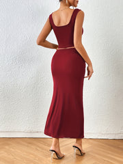 Casual 2pc Crop Tank Top & Side Split Twist Skirt Outfits Women's Clothing