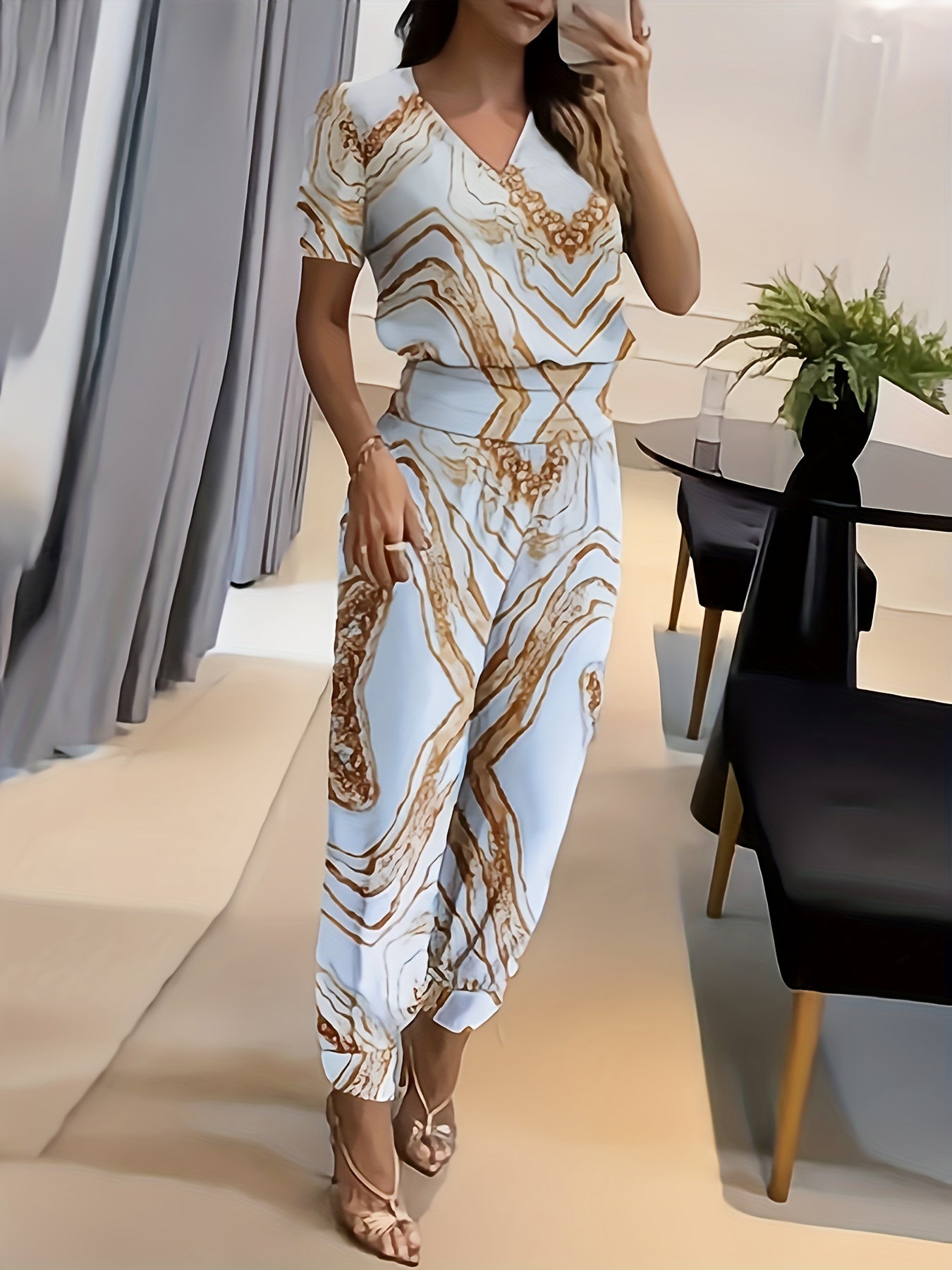  Glitter Marble Print Top & Pants Set