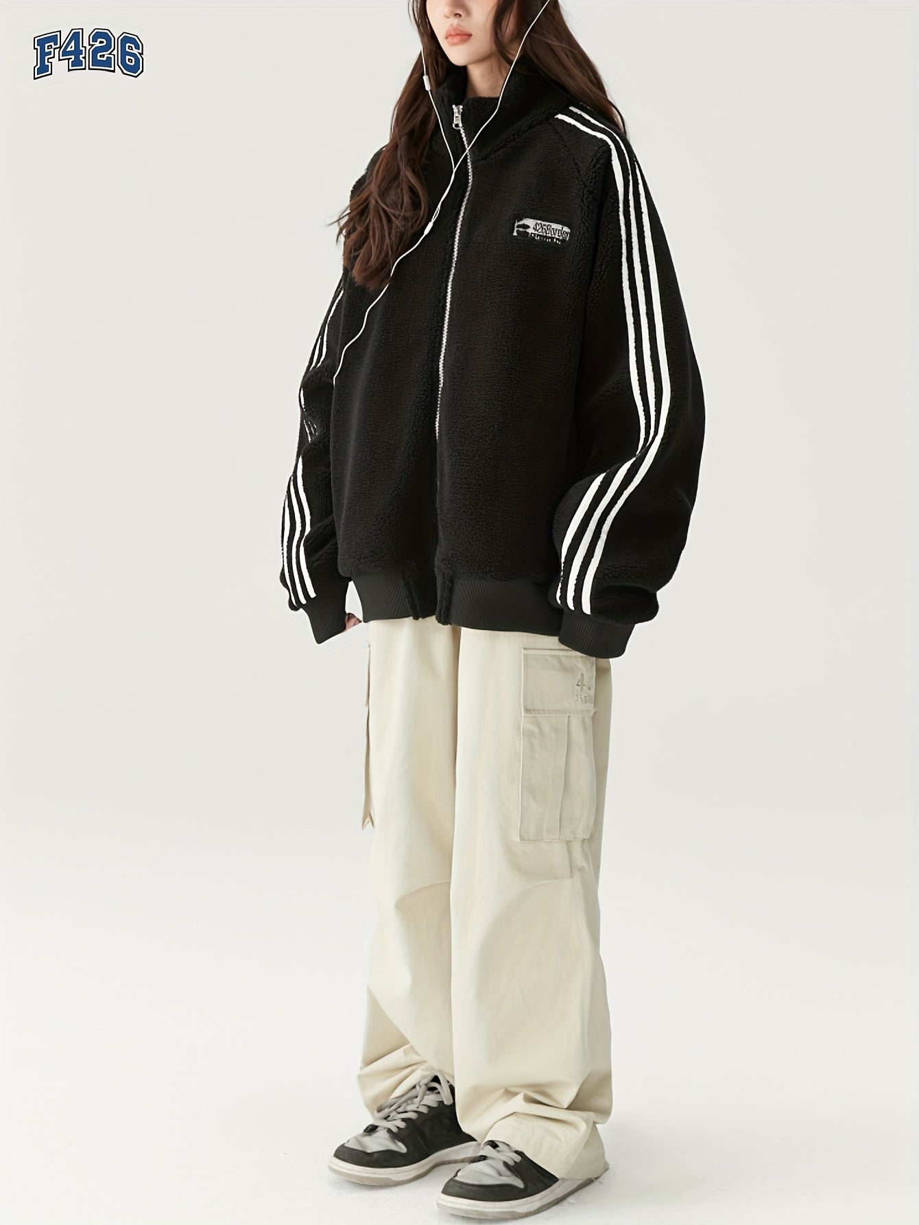 Graphic Stand up Collar Teddy Coat Zip Front Jacket