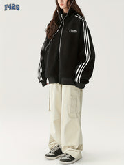 Graphic Stand up Collar Teddy Coat Zip Front Jacket