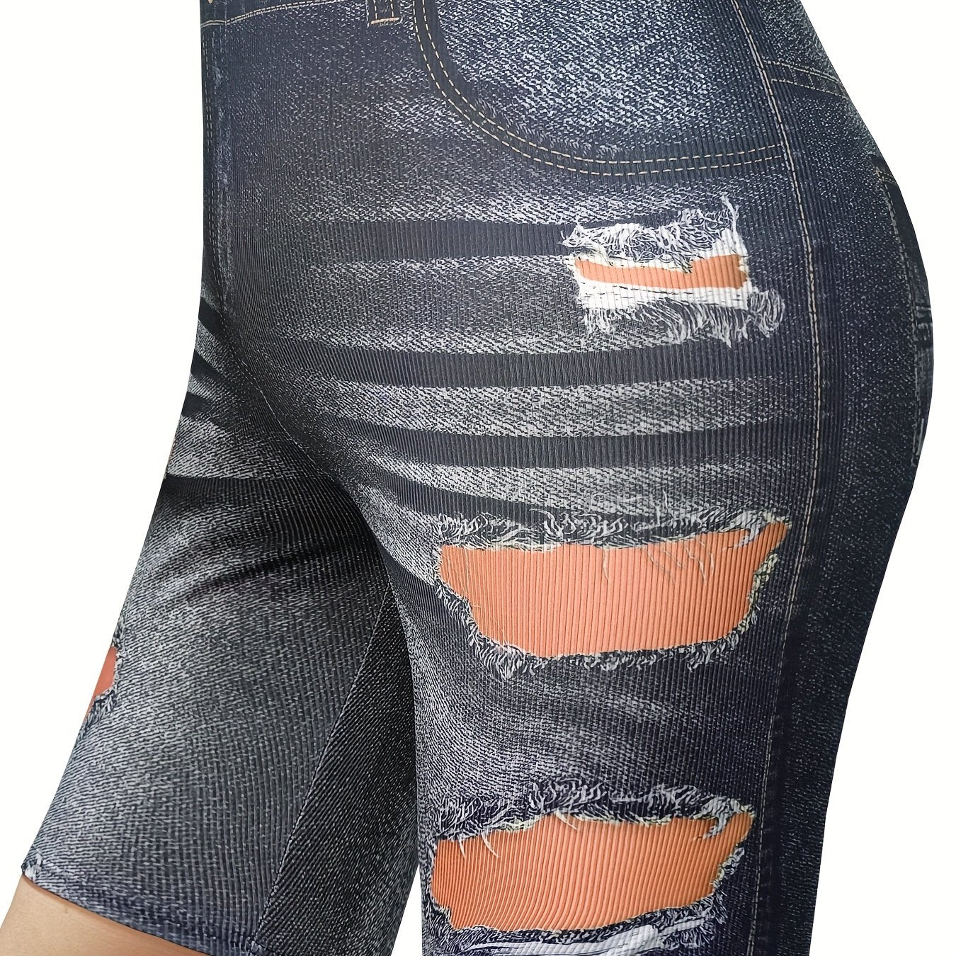  Denim & Ripped Print High Rise Skinny Shorts