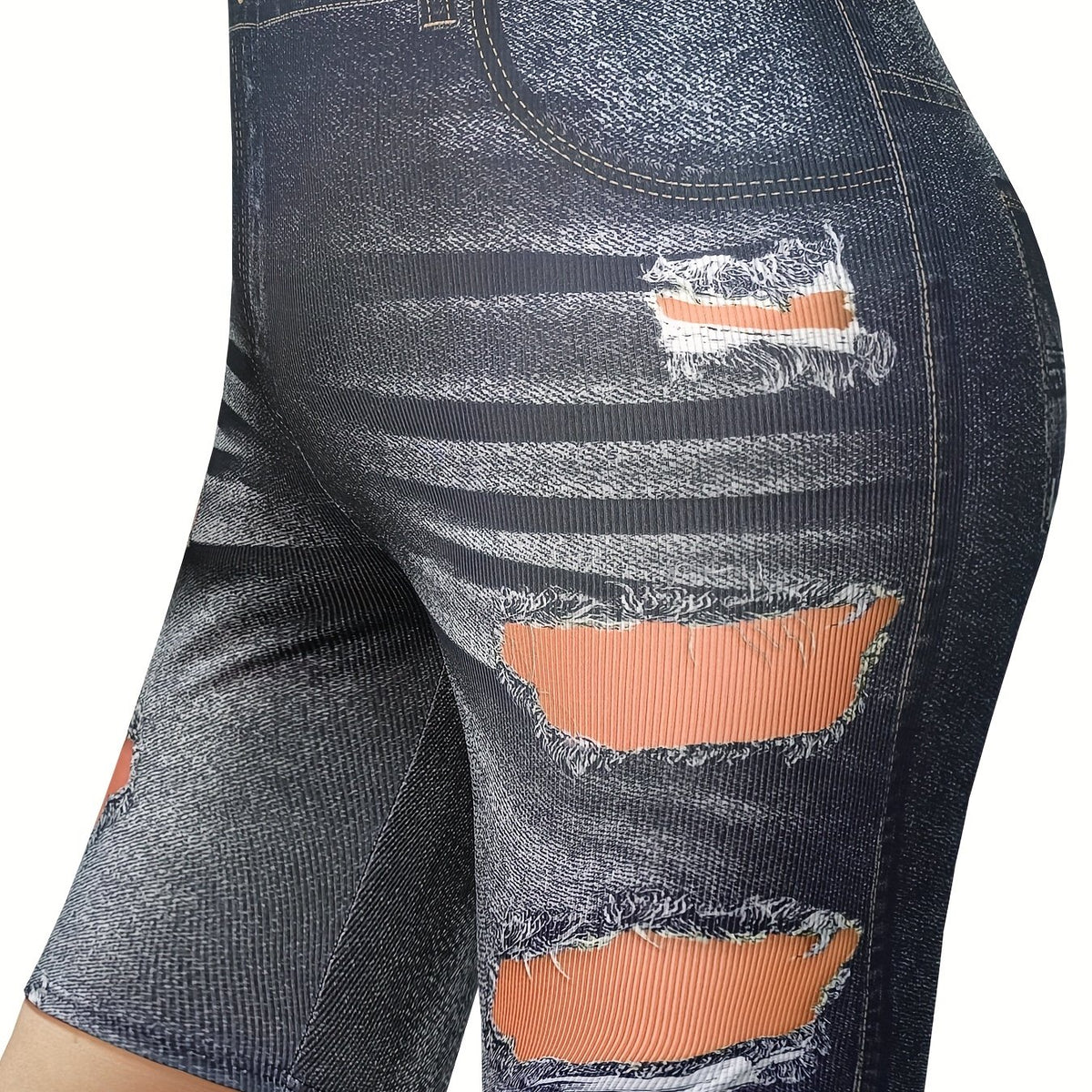  Denim & Ripped Print High Rise Skinny Shorts