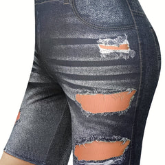  Denim & Ripped Print High Rise Skinny Shorts