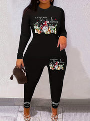  Dwarf & Slogan Print Long Sleeve Top & Leggings Set