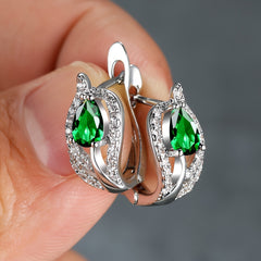 Multicolor Zirconia Stone Hoop Earrings, Leaf Crystal Silver Wedding Jewelry