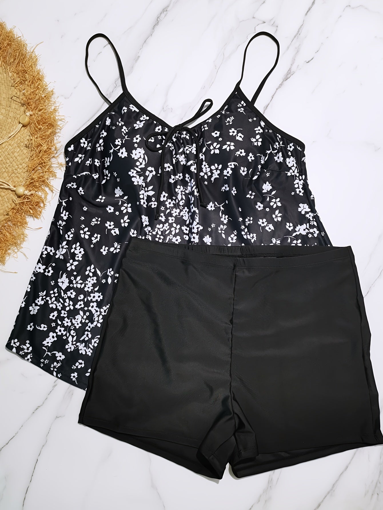  Ditsy Floral Print Tie Cami Top & Shorts Swimsuit Set