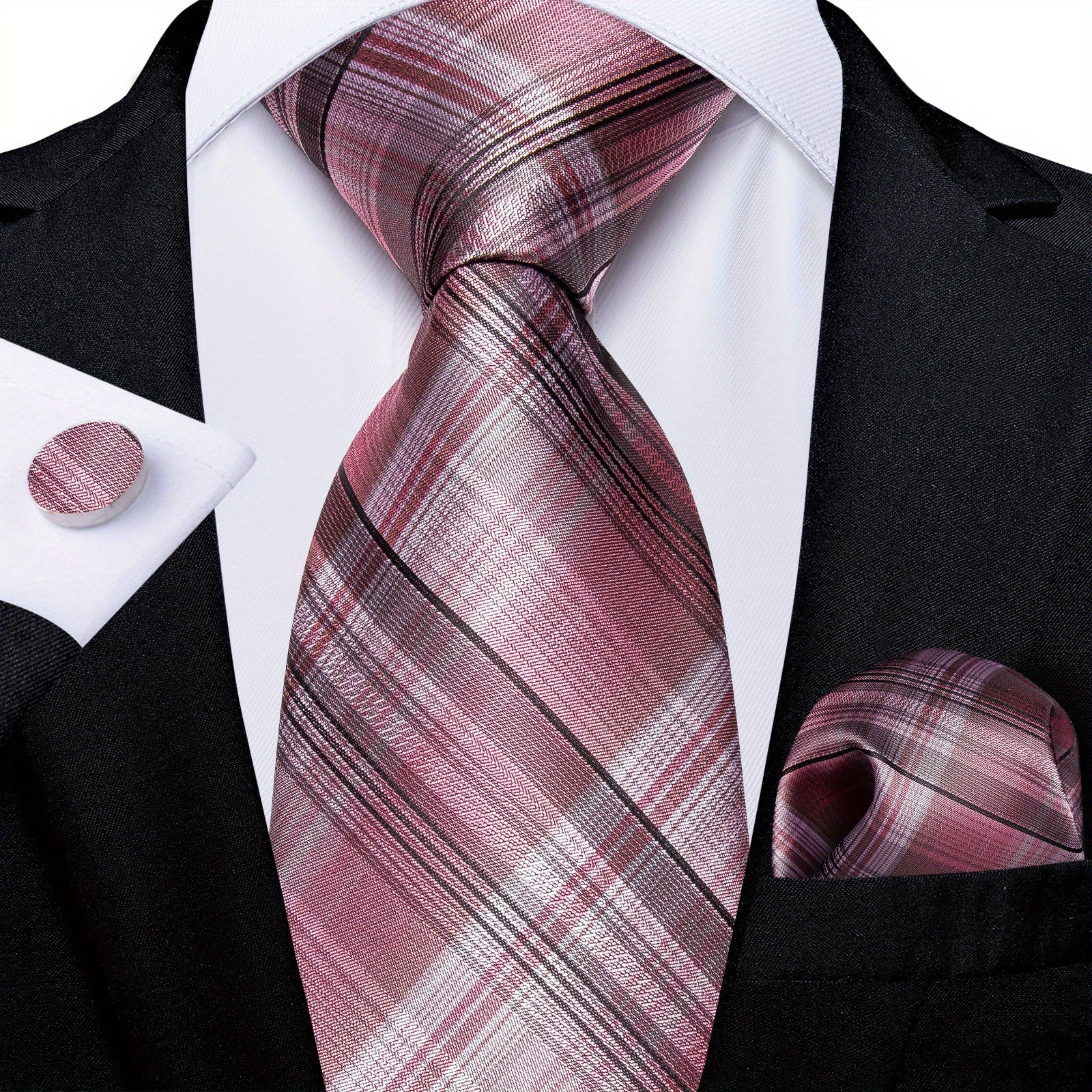 Dibangu Men's Pink Paisley Striped Silk Woven Necktie Set