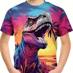 Boys Dino Print T shirt Kids Short Sleeve Top For Summer