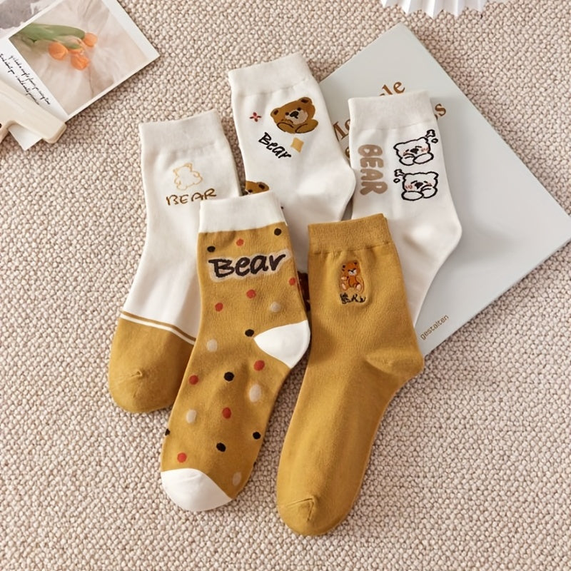 5 Pairs Cartoon Bear Print Socks Women's Mid Tube Stockings