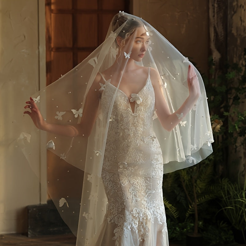 Butterfly Style Bridal Veil with Floral Embellishments Floor Length Wedding Veil